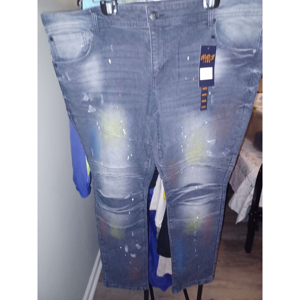 MOF Men's Gray Distressed Moto Biker Jeans with Paint Splatter (NWT) 44/32